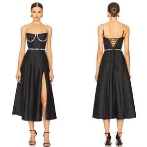 V. CHAPMAN Cora Corset Black Windsor Brocade Crystal Embellished Midi Dress Sz 4